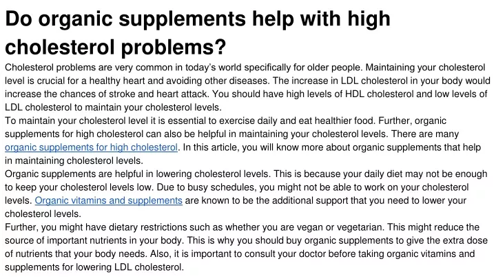 do organic supplements help with high cholesterol problems