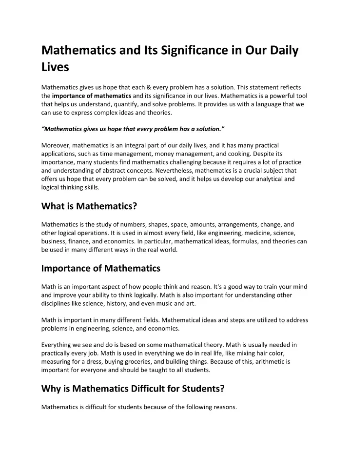 mathematics and its significance in our daily