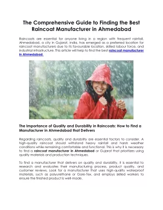 The Comprehensive Guide to Finding the Best Raincoat Manufacturer in Ahmedabad