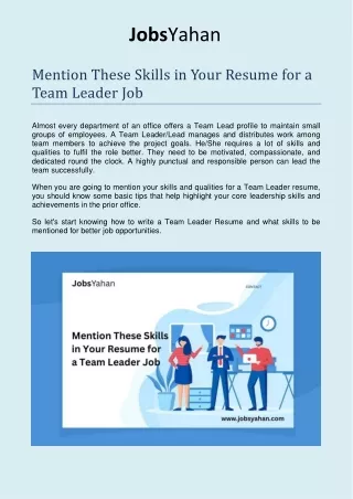 Mention These Skills in Your Resume for a Team Leader Job