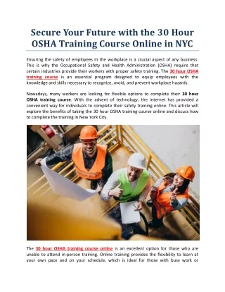 Secure Your Future with the 30-Hour OSHA Training Course Online in NYC