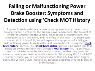 failing or malfunctioning power brake booster symptoms and detection using check mot history
