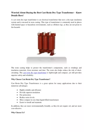 Worried About Buying the Best Cast Resin Dry Type Transformer – Know Details Here!