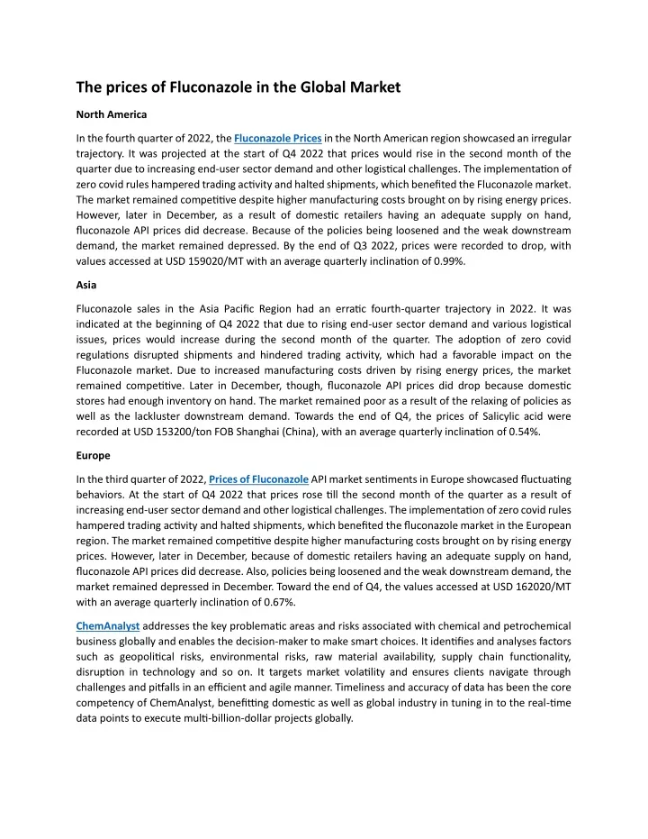 the prices of fluconazole in the global market