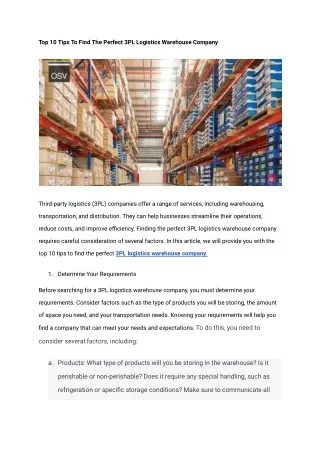 Top 10 Tips To Find The Perfect 3PL Logistics Warehouse Company- MARCH  2023