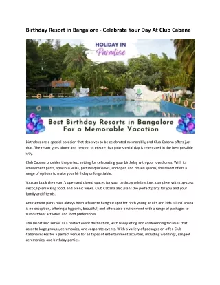 Birthday Resort in Bangalore - Celebrate Your Day At Club Cabana