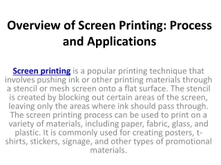 Overview of Screen Printing: Process and Applications