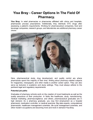Yisa Bray - Career Options In The Field Of Pharmacy.