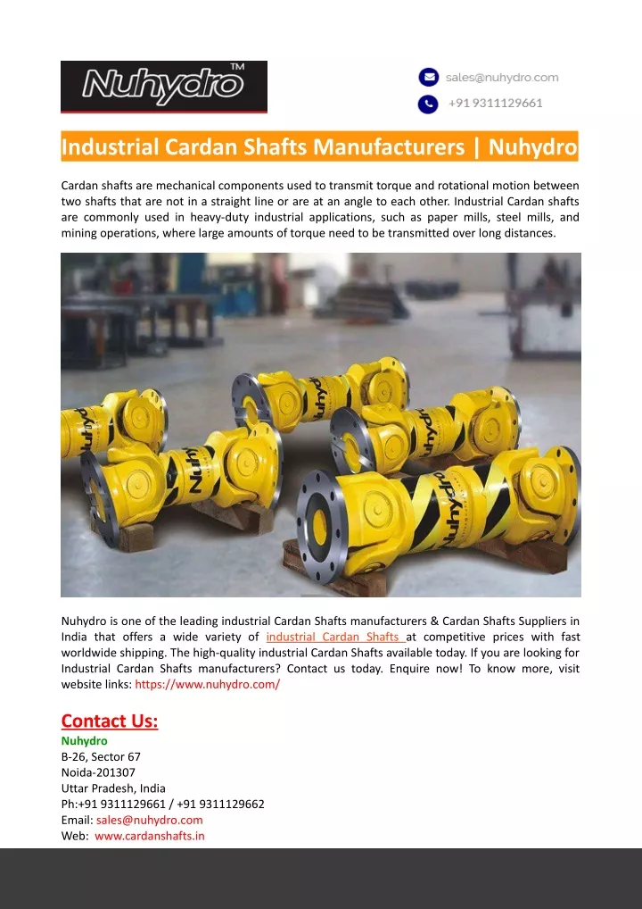 industrial cardan shafts manufacturers nuhydro