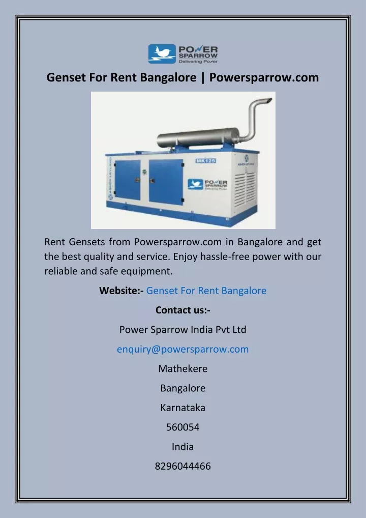 genset for rent bangalore powersparrow com