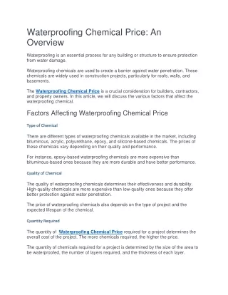 Waterproofing Chemical Price: An Overview