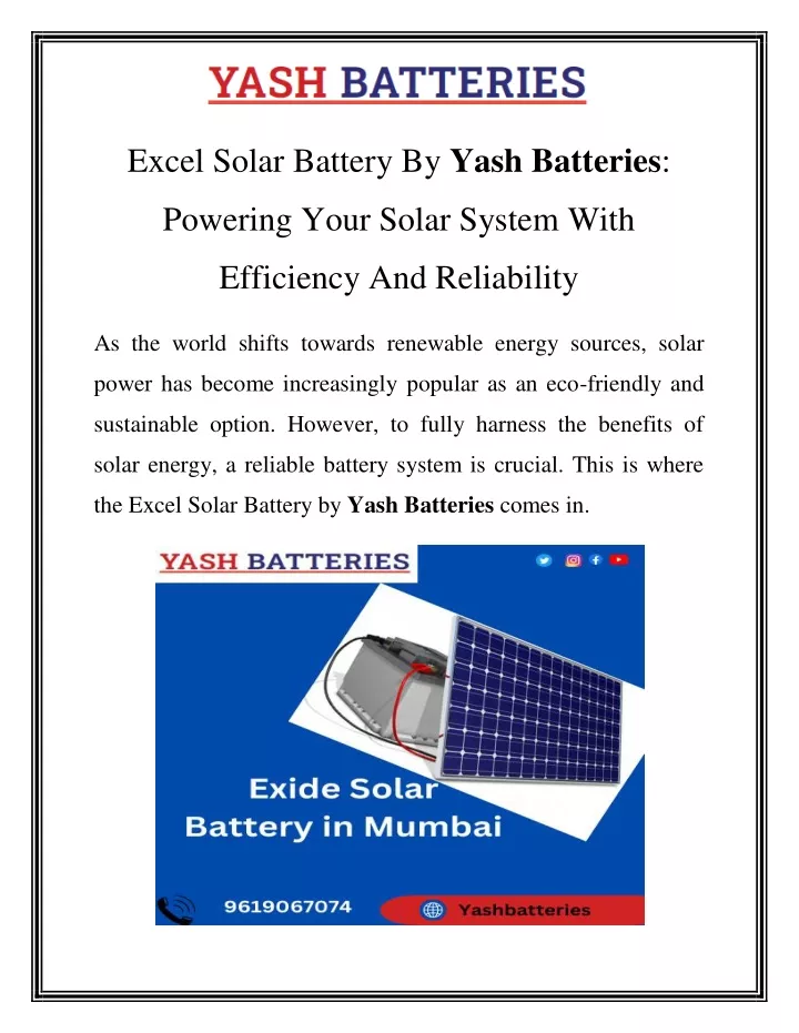excel solar battery by yash batteries