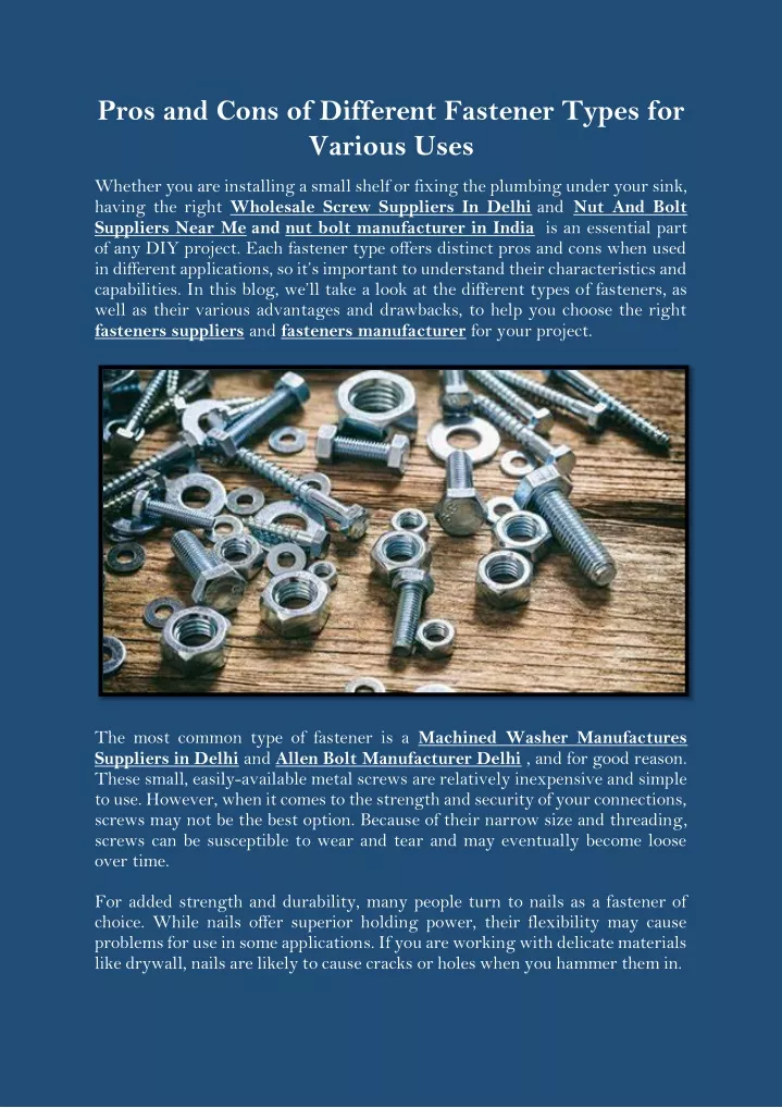 pros and cons of different fastener types