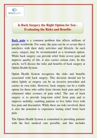 Is Back Surgery the Right Option for You - Evaluating the Risks and Benefits