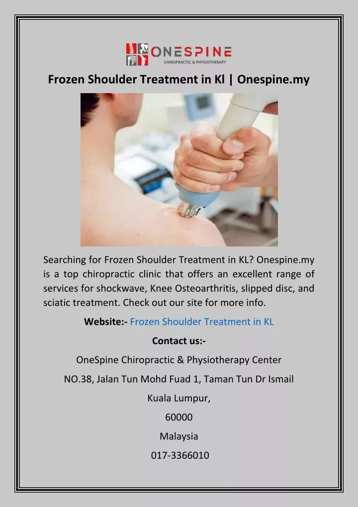 frozen shoulder treatment in kl onespine my