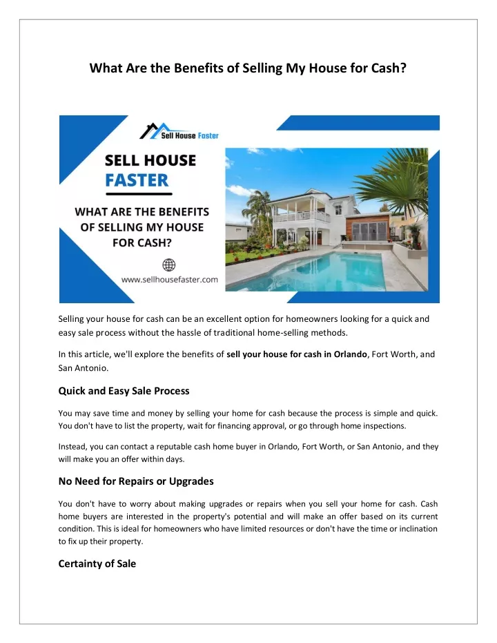 what are the benefits of selling my house for cash