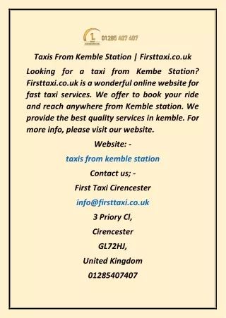 Taxis From Kemble Station  Firsttaxi.co.uk