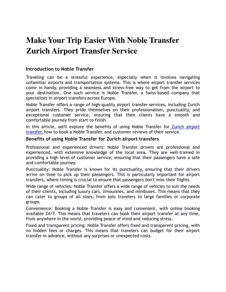 make your trip easier with noble transfer zurich