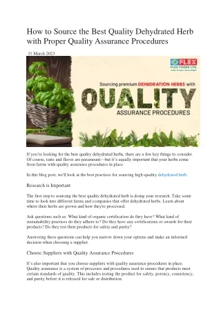 How to Source the Best Quality Dehydrated Herb with Proper Quality Assurance Procedures