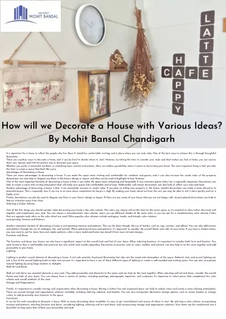 How will we Decorate a House with Various Ideas By Mohit Bansal Chandigarh