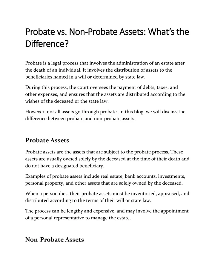 probate vs non probate vs non probate assets what