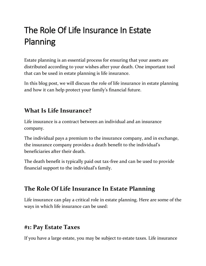 the role the role o of life insurance f life