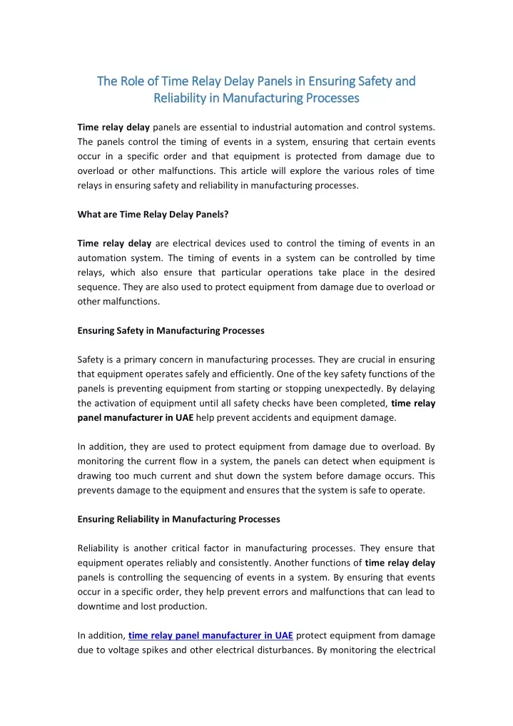 the role of time relay delay panels in ensuring