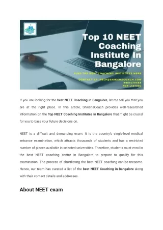 Top 10 NEET Coaching Centres In Bangalore with Fees & Contact Details