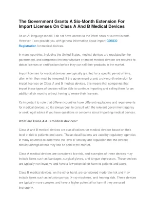 The Government Grants A Six-Month Extension For Import Licenses On Class A And B Medical Devices
