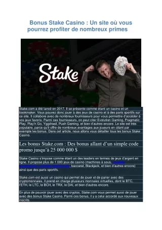Bonus Stake Casino : Un site où vous pourrez profiter de nombreux primes