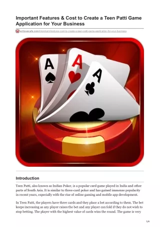 Important Features amp Cost to Create a Teen Patti Game Application for Your Business