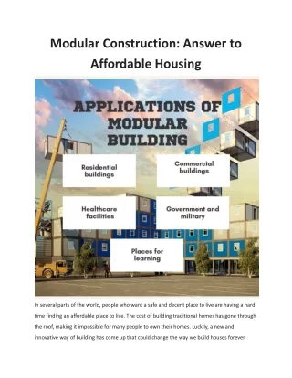 Modular Construction- Answer to Affordable Housing