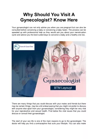 Why Should You Visit A Gynecologist - Gastro & Gynae Clinic