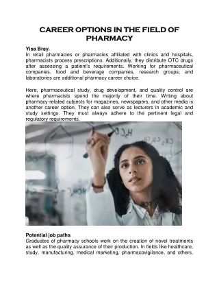 Yisa Bray - Career Options In The Field Of Pharmacy.