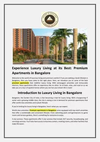 Experience Luxury Living  at premium apartments in banglaore