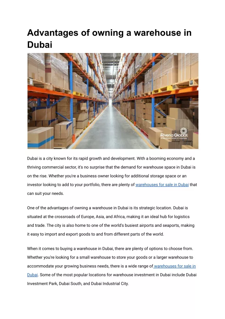 advantages of owning a warehouse in dubai