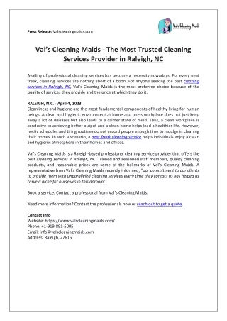 press release valscleaningmaids com