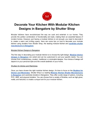 Decorate Your Kitchen With Modular Kitchen Designs in Bangalore by Shutter Shop