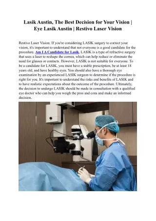 Lasik Austin, The Best Decision for Your Vision - Eye Lasik Austin - Restivo Laser Vision