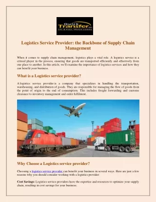 Logistics Service Provider the Backbone of Supply Chain Management
