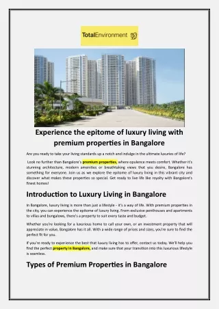Experience the epitome of luxury living with premium properties in Bangalore