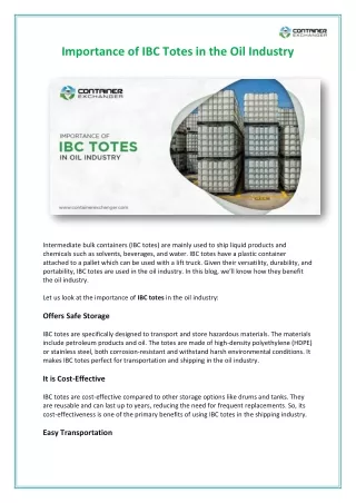 Importance of IBC totes in the oil industry