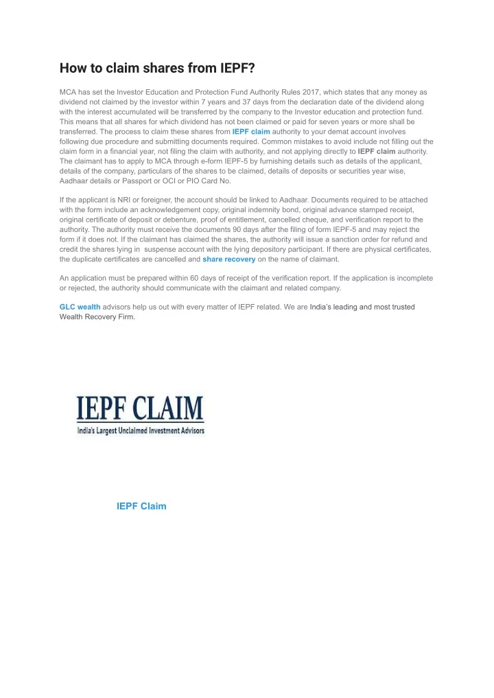 how to claim shares from iepf