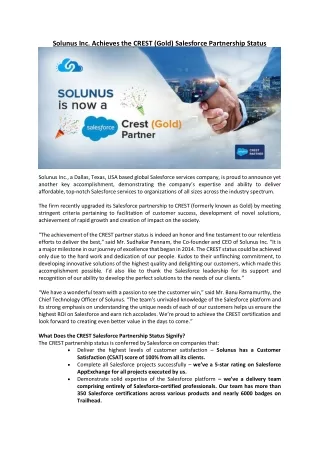Solunus Inc. Achieves the CREST (Gold) Salesforce Partnership Status