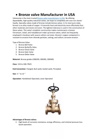 Bronze valve Manufacturer in USA