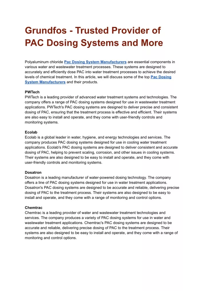 grundfos trusted provider of pac dosing systems