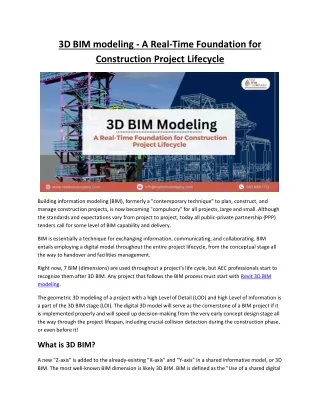 3D BIM modeling - A Real-Time Foundation for Construction Project Lifecycle