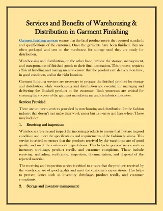 Services and Benefits of Warehousing & Distribution in Garment Finishing
