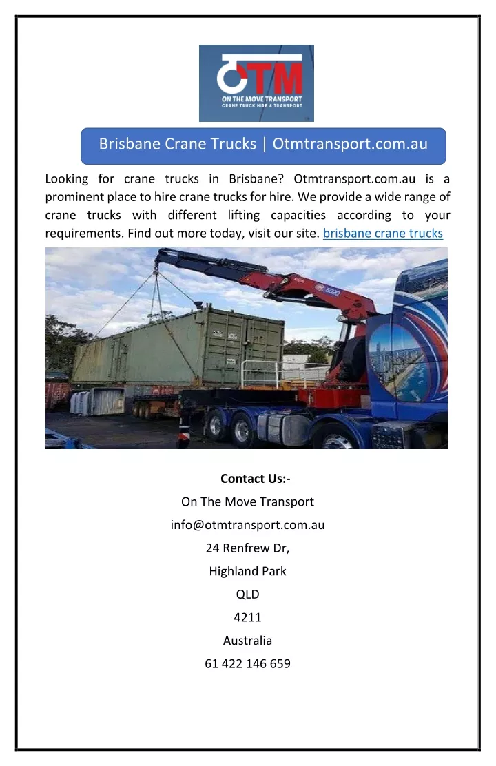 brisbane crane trucks otmtransport com au