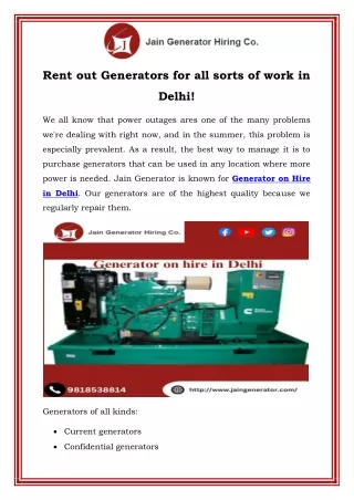 Rent out Generators for all sorts of work in Delhi